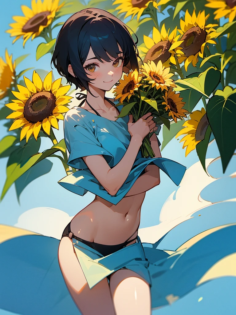 master piece, best quality, for below, cinematic angle, upper body , pigeon toed,
Anime-style Moe illustration, summer vacation theme, 20-year-old 4womans holding a bouquet of sunflowers, short hair,
bikini, slightly inner thighs, smile, accurate drawing, Active pose, Active Angle,
