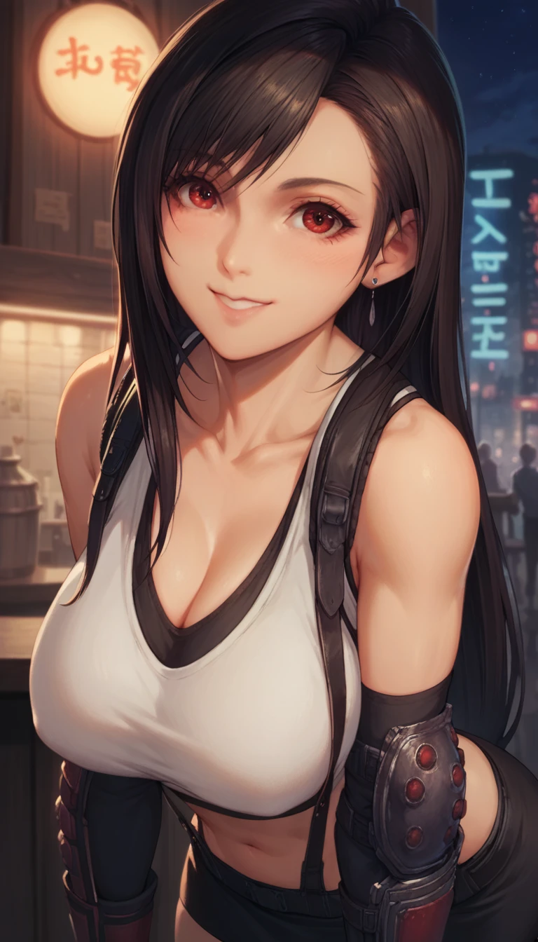 Tifa Lockhart, masutepiece, Best Quality, defTifa, White crop top, elbow pad, Fingerless gloves, suspenders, pencil skirts, Upper body, Looking at Viewer, Leaning forward, Smile, a bar counter, City at night