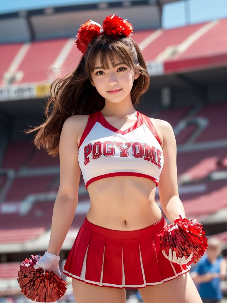 Alafed Asian cheerleader posing dynamically with large pom-poms in both hands in stadium, close-up, cosplay photo, anime cosplay, small breasts, RAW photo, best quality, high resolution, (masterpiece), (photorealistic: 1.4), professional photography, sharp focus, HDR, 8K resolution, intricate detail, depth of field, Highly detailed CG Unity 8k wallpaper, front light, NSFW, women, girl, beautiful supermodel, smiling, slender, marlie rose, sailor suit, sailor moon cosplay