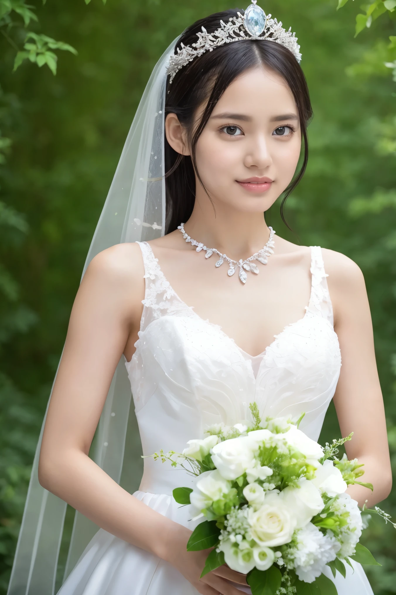 (Highest quality、Tabletop、8k、Best image quality、Award-winning works)、One pretty bride、(alone:1.1)、(The most extravagant and gorgeous huge pure white wedding dress:1.2)、(Perfect Wedding Lace:1.2)、(The most gorgeous and luxurious giant tiara:1.3)、(The most extravagant and luxurious giant necklace:1.3)、The finest jewellery decoration、Perfect Makeup、Long eyelashes、Ultra HD Shining Eyes、Ultra HD Hair、Ultra-high resolution glossy lips、Super high resolution beautiful face、(Accurate anatomy:1.1)、Very bright and beautiful skin、very bright and vivid、Perfect beautiful bridal hairstyles、(Front facing body:1.1)、(The most refreshing and beautiful forest background:1.1)、(Small breasts:1.1)、(Small breastsの谷間:1.1)、(Perfect beautiful bridal photos:1.1)、(The cutest smile:1.1)、(Close-up of face:1.2)