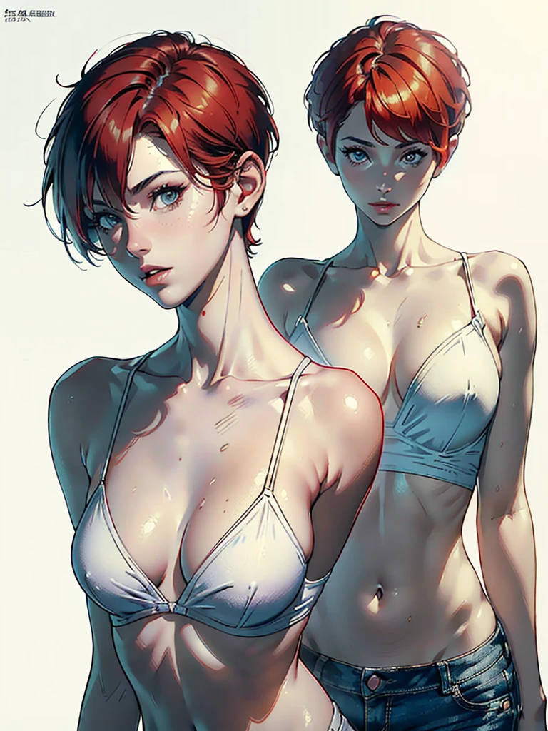 (Ultra-Realistic Rendering, Highest quality), ((Highest quality, 16K, masterpiece: 1.3)), (beauty, 30-year-old woman、1 person), (realistic photo shot WHITE BACK ), (Medium full body shot), white back、White background (Red Rider Jacket、Wet on bare skinTshirt、No bra), Blue Jeans, Beautifully detailed face,Flat breasts,Small breasts、 Pale skin, (Red Hair), (((Pixie Cut))), Heavy makeup, (Realistic glowing skin), masterpiece, Highest quality, High Resolution Scan, (Professionally color coded), Sharp focus, Rim Light, White background、Standing posture、Upper body close-up、Back view、Light in face