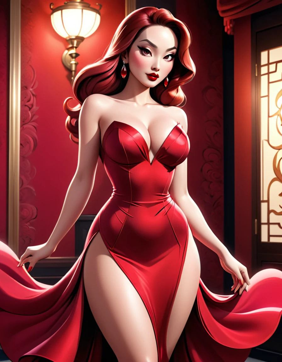 beautiful busty asian woman, jessica rabbit style, long flowing ruby red dress, intricate detailed dress, beautiful detailed face, piercing eyes, lush full lips, flawless porcelain skin, elegant pose, dynamic movement, dramatic lighting, cinematic composition, digital art, hyperrealistic, 8k, high quality, photorealistic, full body view from behind