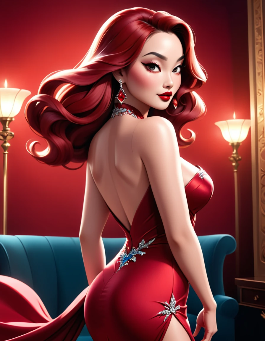 beautiful busty asian woman, jessica rabbit style, long flowing ruby red dress, intricate detailed dress, beautiful detailed face, piercing eyes, lush full lips, flawless porcelain skin, elegant pose, dynamic movement, dramatic lighting, cinematic composition, digital art, hyperrealistic, 8k, high quality, photorealistic, full body view from behind