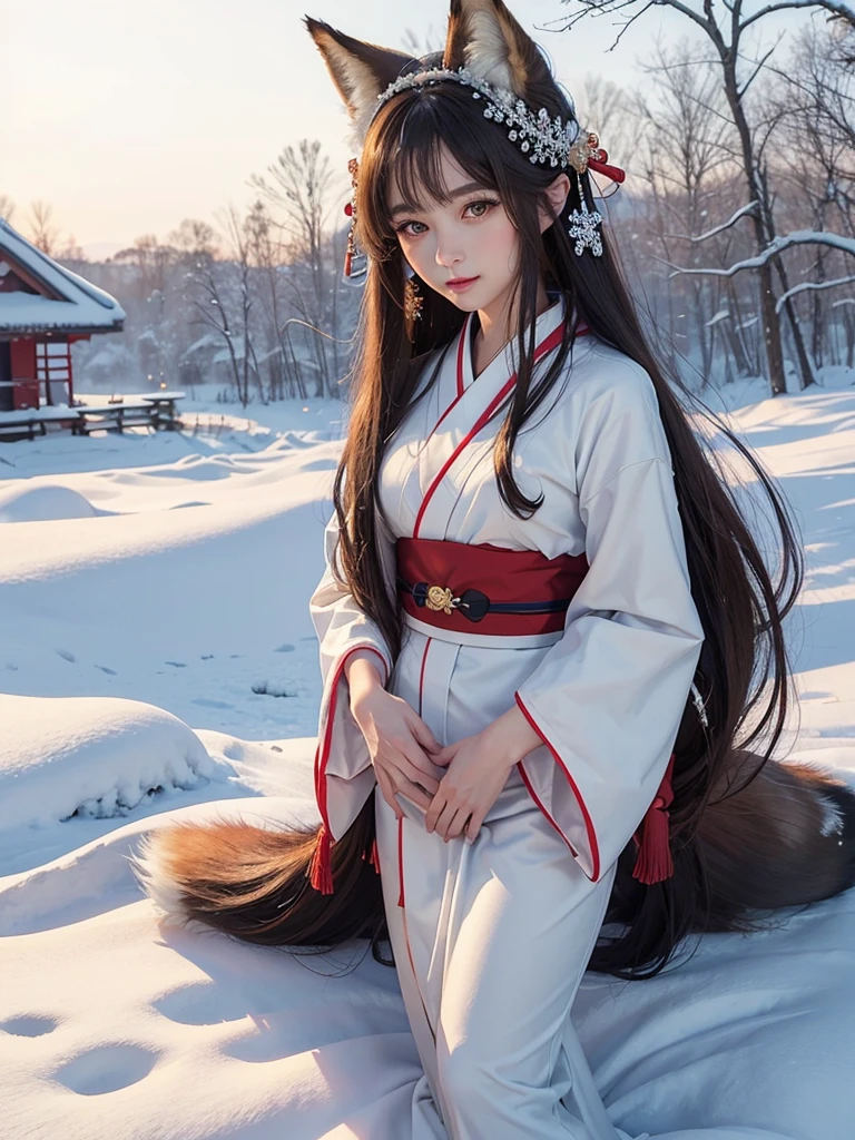 (masterpiece, best quality, 1girl, fox girl, long hair, fox near, snowy field, traditional kimono, soft smile, snowflakes around, highly detailed)