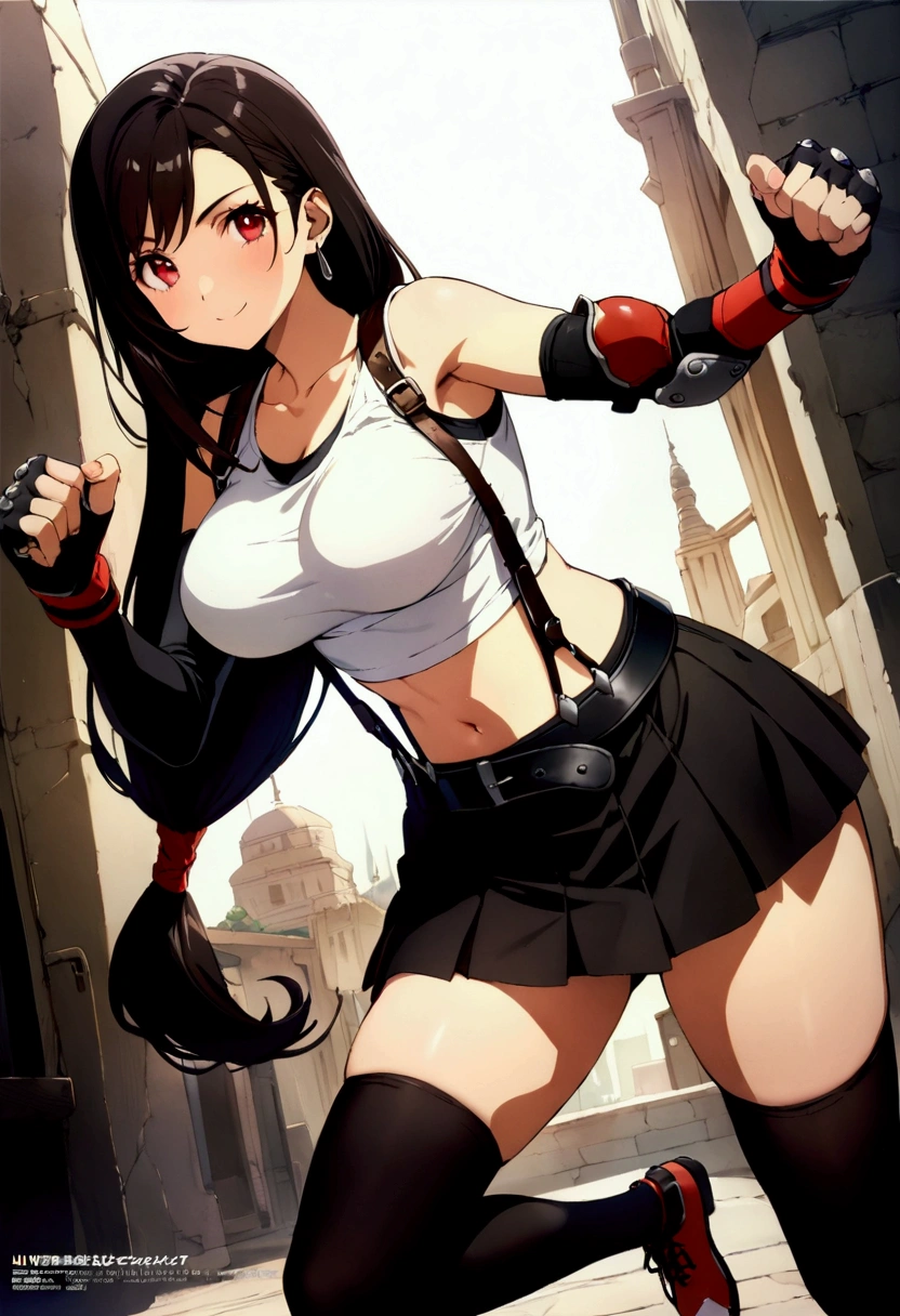 score_9, score_8_up, score_7_up,(best quality,masterpiece),ultra detailed,(aesthetic,very aesthetic),highly detailed),megami_magazine,official art,1girl, tifa lockhart, final fantasy, tareme,black hair, low-tied long hair, red eyes, bangs, white tank top, belt, pleated skirt, thighhighs, elbow fingerless gloves, elbow pads, midriff, navel,suspender skirt . ,(large_breasts:1.2),(perky breasts;1,2),(light smile),panties shot,,Solo,,(daytime and beachside and city),,professional lighting,cinematic lighting,fullbody,fighting pose,fighting stance,