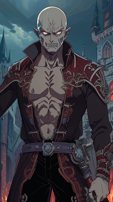 (1boy: Nosferatur), (extremely detailed CG unit 8k wallpaper),(master part), (best quality), (ultra detail), (best illustration),(Oda Eiichirou style), cowboy shot, (Sharp eyeliner, ombre, detail eyes:1), Dracula Castle background, ,break , (vamptech), bald , no hair, Upper body,