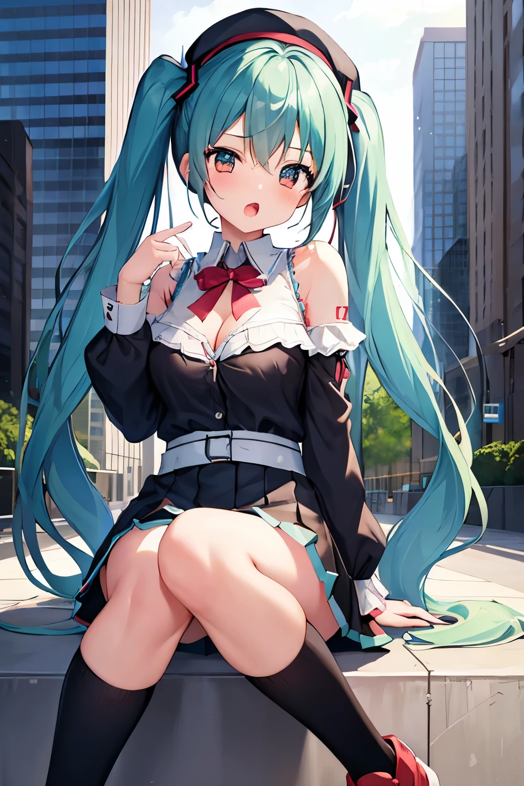 masterpiece、Highest quality、Ultra-high resolution、Hatsune Miku、Twin tails、Red face、shyly、mock、open your mouth just a little、casual clothing that shows cleavage、casual mini skirt、thigh-high socks、wearing a girl's beret、skyscraper、outdoors