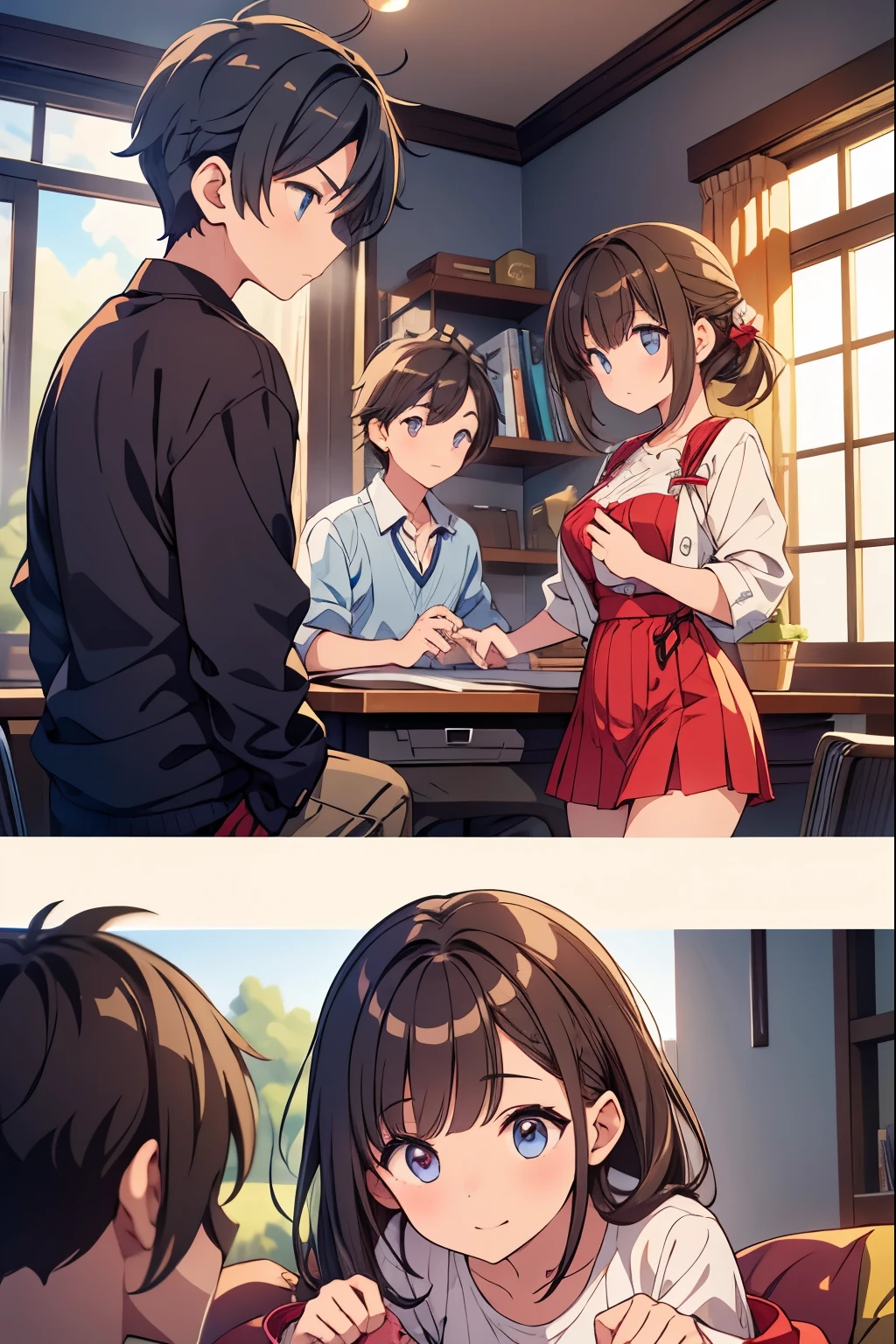 A trio of two boys and one girl are playing a game