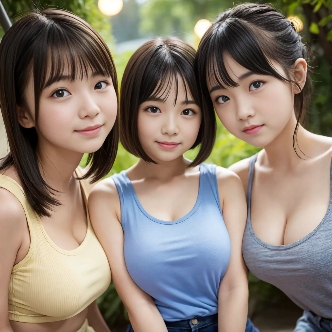 ( 3 girls),beautiful girl, Beautiful round breasts,view from the front,Breasts become more beautiful,G Cup, Tight waist,short bob,Young face,Random color tank top、,Close-up of upper body+++,view from the front, You can clearly see the separation.,Keep your head straight and smile.,waterfall,nighttime