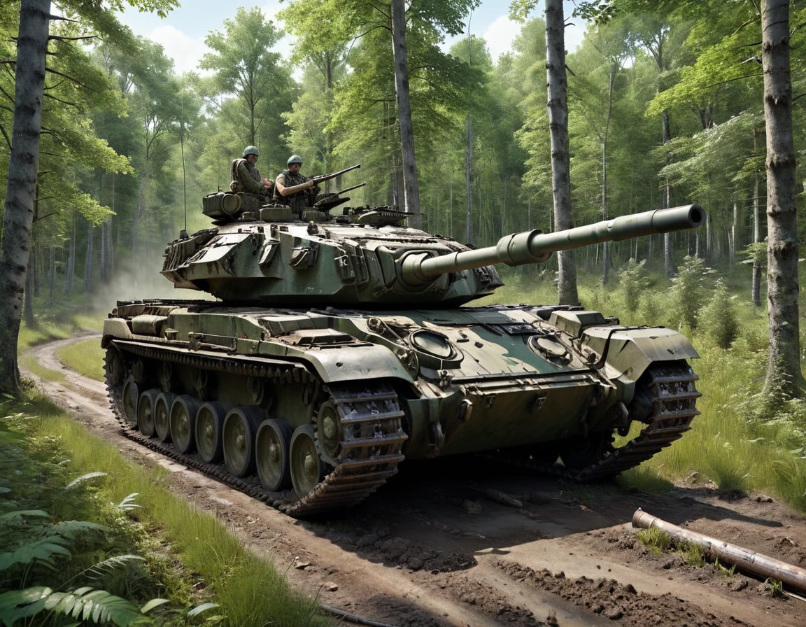 Chieftain tank driving through the forest,The tank is painted in forest camouflage.、The hull and gun barrel are camouflaged with grass and leaves..Realistic dirt and dents,high quality, High resolution, masterpiece, 最high quality4k, 8k,Super detailed,Realistic,Dramatic lighting,Professional photography,