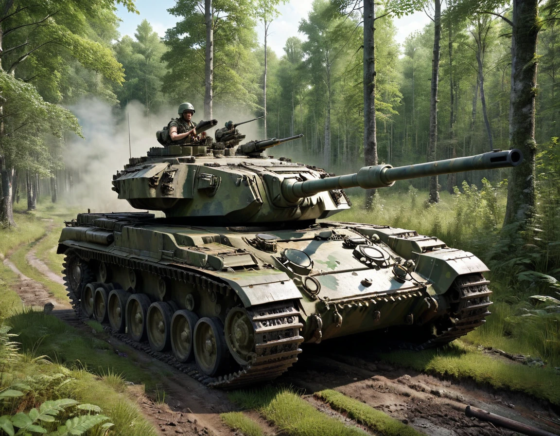 Chieftain tank driving through the forest,The tank is painted in forest camouflage.、The hull and gun barrel are camouflaged with grass and leaves..Realistic dirt and dents,high quality, High resolution, masterpiece, 最high quality4k, 8k,Super detailed,Realistic,Dramatic lighting,Professional photography,