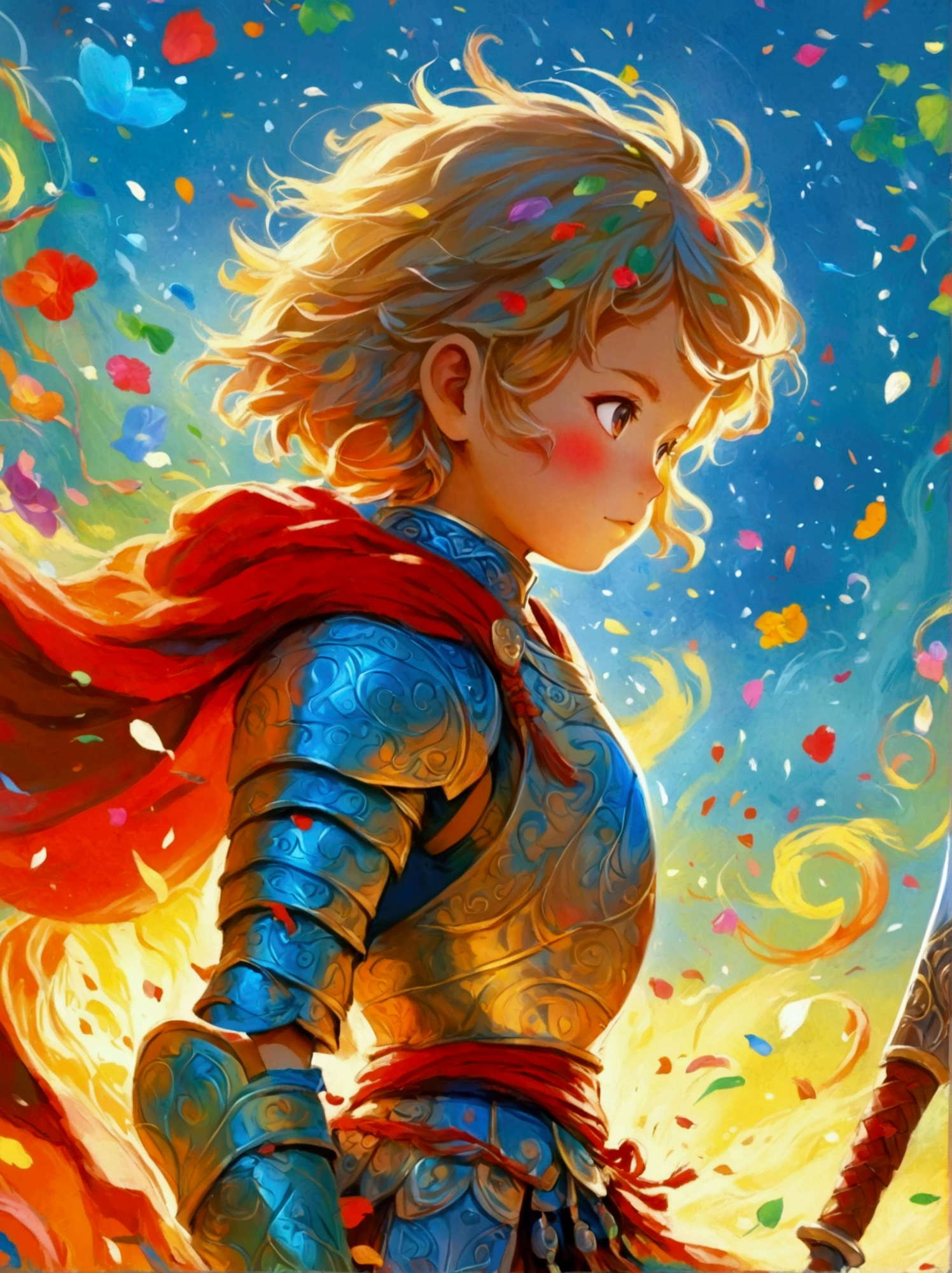 Create a digital painting that portrays a brave warrior, symbolizing the battle of health. Use bold and vibrant colors to enhance the whimsical and vivacious feel, typical of children's design. The warrior should be seen in dynamic poses, drawing inspiration from comic books. The painting should embody the essence of perseverance and strength with energetic brushstrokes. Remember to capture the child-friendly design and translate it into the language of a brave warrior fighting their battle, thus making health an accessible concept to the young.