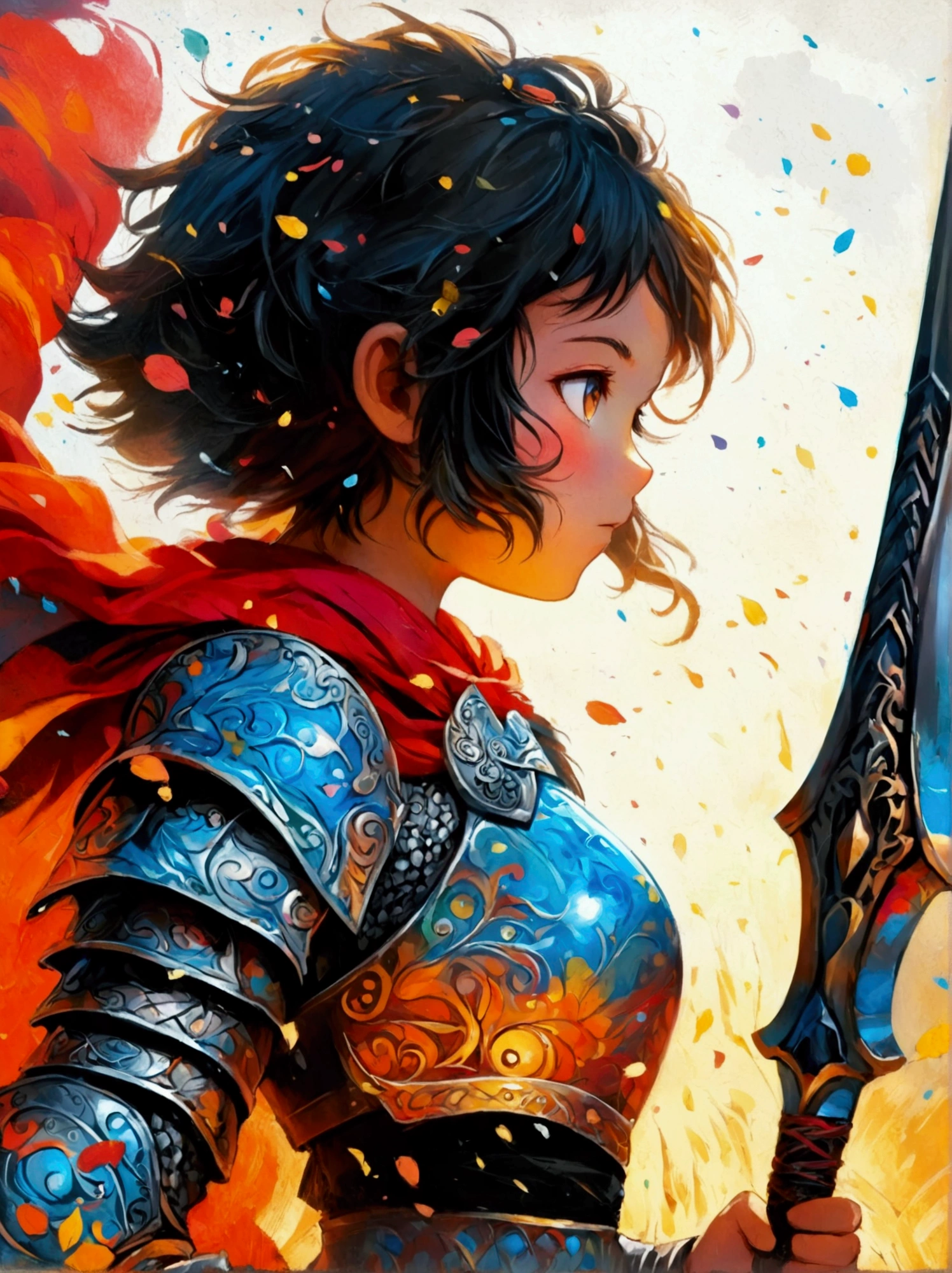 Create a digital painting that portrays a brave warrior, symbolizing the battle of health. Use bold and vibrant colors to enhance the whimsical and vivacious feel, typical of children's design. The warrior should be seen in dynamic poses, drawing inspiration from comic books. The painting should embody the essence of perseverance and strength with energetic brushstrokes. Remember to capture the child-friendly design and translate it into the language of a brave warrior fighting their battle, thus making health an accessible concept to the young.