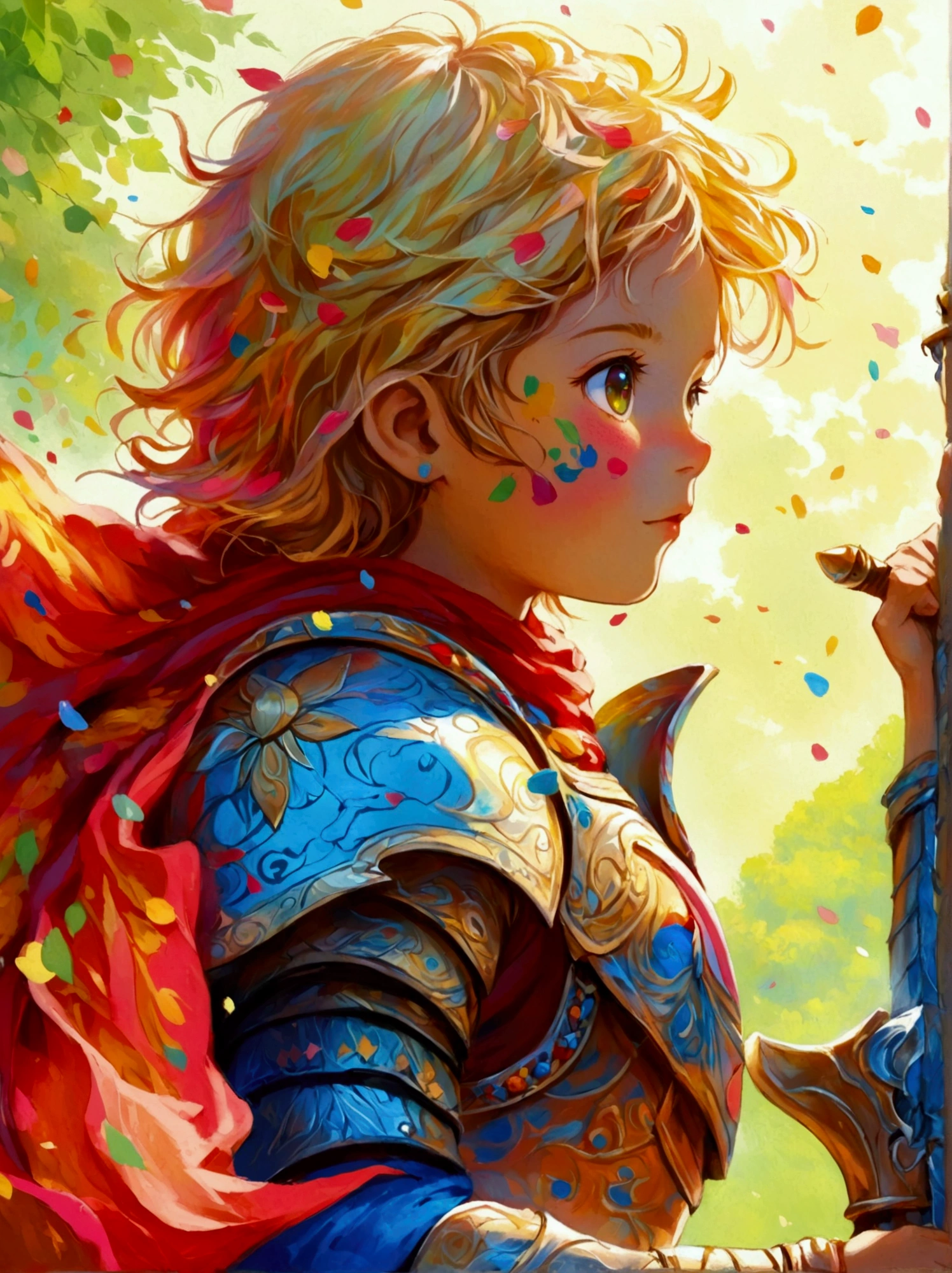 Create a digital painting that portrays a brave warrior, symbolizing the battle of health. Use bold and vibrant colors to enhance the whimsical and vivacious feel, typical of children's design. The warrior should be seen in dynamic poses, drawing inspiration from comic books. The painting should embody the essence of perseverance and strength with energetic brushstrokes. Remember to capture the child-friendly design and translate it into the language of a brave warrior fighting their battle, thus making health an accessible concept to the young.