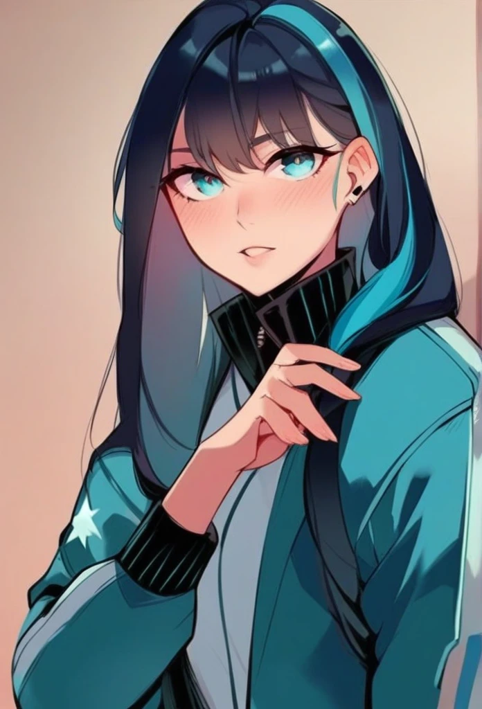 juder_style, score_9, score_8_up, score_7_up, score_6_up, score_5_up, score_4_up, hd, (ultra hd quality details), 8K, 1girl, long hair, Hourglass body, light blue eyes, dark indigo hair, 2d illustration, cyan varsity jacket