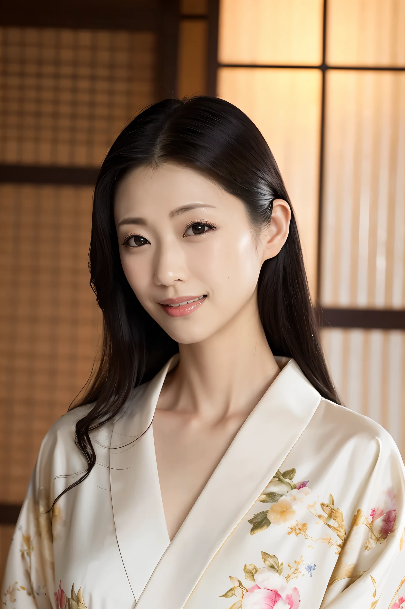 (Highest quality、Tabletop、8k、Best image quality、Award-winning works)、(One beautiful mature woman:1.1)、Adult face、(Innkeeper:1.1)、(Elegant floral kimono:1.2)、(V-neck collar:1.3)、(Cleavageが露わになる:1.2)、(Kimono that shows the chest:1.3)、(Cleavage:1.5)、(Open the chest:1.3)、(Large Breasts:1.4)、(Large Breastsの谷間を露出する:1.5)、Perfect mature woman portrait photo、Glowing Skin、Standing Elegantly、(Blurred elegant and exquisite perfect Japanese style room background:1.3)、(The most natural and perfect tidy Japanese style room background:1.2)、Glowing White Skin、Very white skin、(Accentuate your body lines:1.1)、(The most graceful posture:1.2)、A perfect smile、Perfect beautiful glossy lips、(Accurate anatomy:1.1)、(A perfect and elegant outfit:1.1)、(Standing with good posture:1.1)、(Face close-up:1.1)、(Front facing body:1.2)、White floral kimono