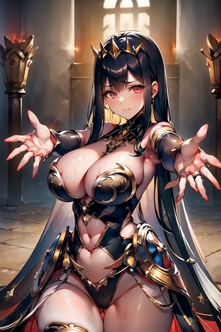 ((((((outstretched hands, out stretched fingers, outstretched fingers)))))) black hair, bare shoulder, red eyes, very long hair, , large breasts, showgirl skirt, high-leg, cleavage cutout bare thighs, gauntlets, bare shoulder, bare nails, bare fingers, bare hands, good hands, best hands, Correctly aligned fingers, extremely detailed hands and fingers, ultra detailed hands and fingers, super detailed hands and fingers, perfect female hands and fingers, biologically accurate hands and fingers, (((4 fingers and 1 thumb accurate hands and fingers))), beautiful hands and fingers, hands and fingers drawing, human hand and fingers, perfect arrangement of fingers, detail focus hands, detail focus fingers, perfection hands, better hands, adult face, fearless face, (((both arms, two arms, both hands, two hands))), super fine illustration, masterpiece, masterwork, by famous artist, official art, ultra high res, best quality, high quality, Hand, detailed, perfect, perfection , hands, both hands is Thumb and index finger and middle finger and ring finger and little finger, even hands, panties, thighhighs, syal bangs, gleaming skin, oil skin, shiny skin, wet skin, sweat, rouge, exquisite, beautiful,cg unity 8k wall paper, perfect face, ultra detailed beautiful face, perfect nose, perfect mouth, clear eyes, light eyes, perfect eyes, symmetrical eyes, even eyes, 16k, absurdres, perfect body, perfect anatomy, perfect proportion, perfect arms, perfect torso, symmetrical hands, symmetrical arms,