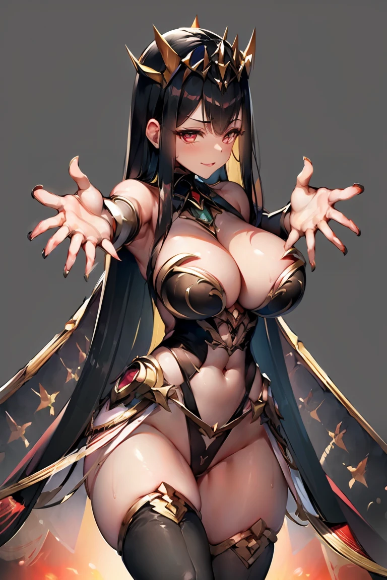((((((outstretched hands, out stretched fingers, outstretched fingers)))))) black hair, bare shoulder, red eyes, very long hair, cleavage, large breasts, dress, showgirl skirt, high-leg, cleavage cutout, tiara, bare thighs, gauntlets, bare shoulder, bare nails, bare fingers, bare hands, good hands, best hands, Correctly aligned fingers, extremely detailed hands and fingers, ultra detailed hands and fingers, super detailed hands and fingers, perfect female hands and fingers, biologically accurate hands and fingers, (((4 fingers and 1 thumb accurate hands and fingers))), beautiful hands and fingers, hands and fingers drawing, human hand and fingers, perfect arrangement of fingers, detail focus hands, detail focus fingers, perfection hands, better hands, adult face, fearless face, (((both arms, two arms, both hands, two hands))), super fine illustration, masterpiece, masterwork, by famous artist, official art, ultra high res, best quality, high quality, Hand, detailed, perfect, perfection , hands, both hands is Thumb and index finger and middle finger and ring finger and little finger, even hands, panties, thighhighs, symmetrical bangs, gleaming skin, oil skin, shiny skin, wet skin, sweat, rouge, exquisite, beautiful,cg unity 8k wall paper, perfect face, ultra detailed beautiful face, perfect nose, perfect mouth, clear eyes, light eyes, perfect eyes, symmetrical eyes, even eyes, 16k, absurdres, perfect body, perfect anatomy, perfect proportion, perfect arms, perfect torso, symmetrical hands, symmetrical arms,