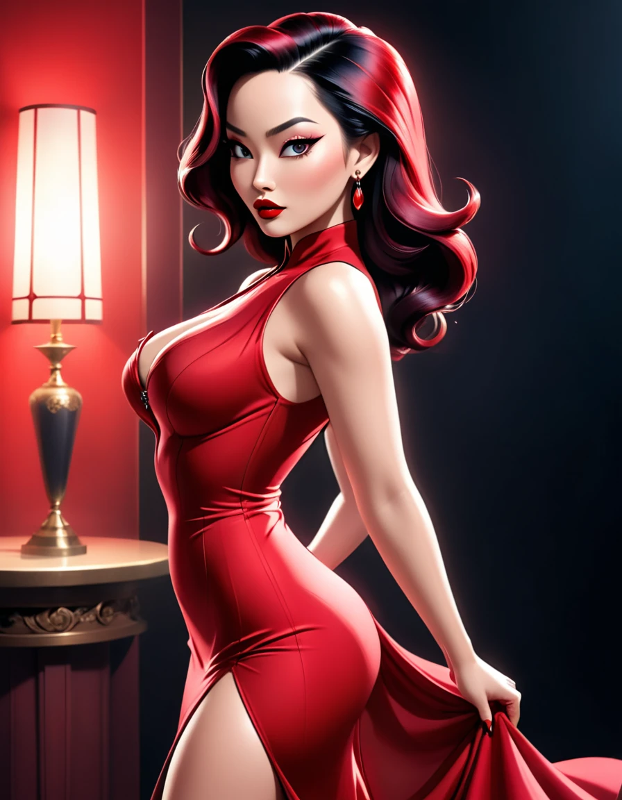 beautiful busty asian woman, jessica rabbit style, long flowing ruby red dress, black punk hair style, intricate detailed dress, beautiful detailed face, piercing eyes, lush full lips, flawless porcelain skin, elegant pose, dynamic movement, dramatic lighting, cinematic composition, digital art, hyperrealistic, 8k, high quality, photorealistic, full body view from behind