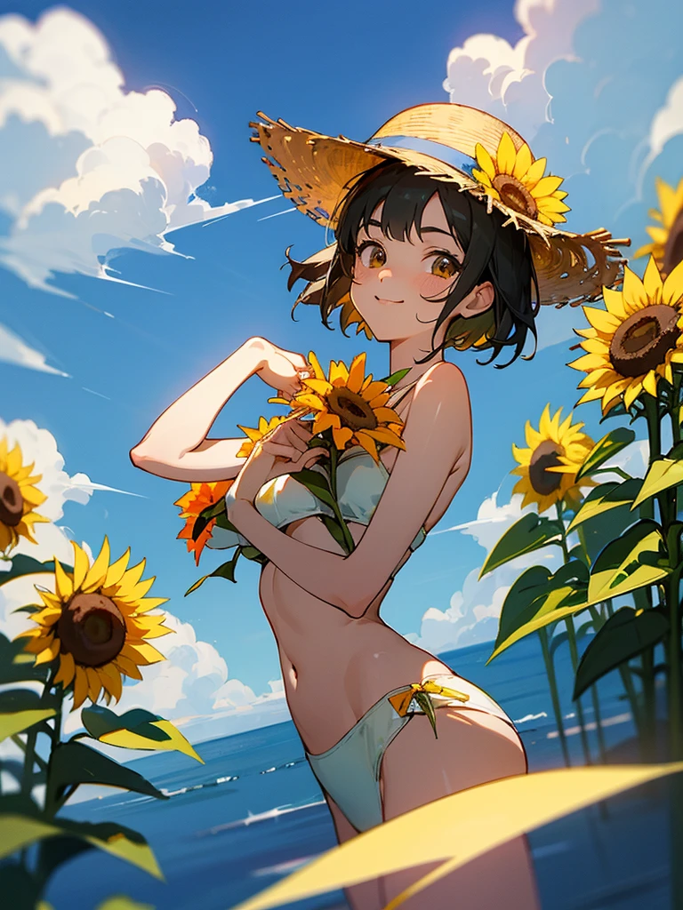 master piece, best quality, for below, cinematic angle, upper body , pigeon toed,
Anime-style Moe illustration, summer vacation theme, 20-year-old 4womans holding a bouquet of sunflowers, short hair,
bikini, slightly inner thighs, smile, accurate drawing, Active pose, Active Angle,