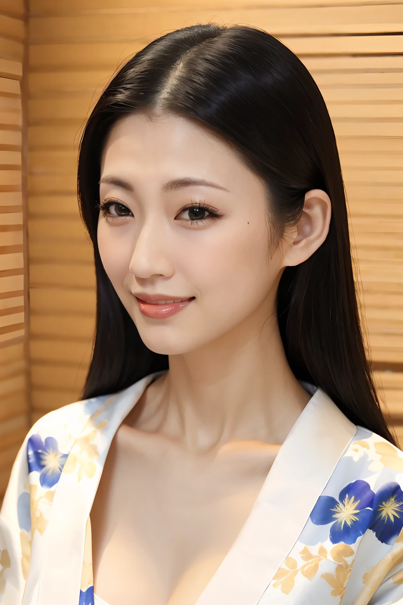 (Highest quality、Tabletop、8k、Best image quality、Award-winning works)、(One beautiful woman:1.1)、Adult (Innkeeper:1.1)、(Elegant floral kimono:1.2)、(V-neck collar:1.3)、(Cleavageが露わ、(Kimono that shows the chest:1.3)、(Cleavage:1.5)、(Openst:1.3)、(Large Breasts:1.4)、(Large Breastsる:1.5)、Perfect matur portrait photo、Glowing Skin、ng Elegantly、(Blurred elegant and exquisite perfect Japanese style room background:1.3)、(The most natural and perfect tidy Japanese style room background:1.2)、Glowing White Skin、Very white skin、(Accentuate your body lines:1.1)、(The most graceful posture:1.2)、A perfect smile、Perfect beautiful glossy lips、(Accurate anatomy:1.1)、(A perfect and elegant outfit:1.1)、(Standing with good posture:1.1)、(Face close.1)、(Front facing body:1.2)、White floral kimono