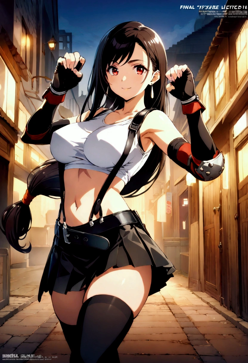 score_9, score_8_up, score_7_up,(best quality,masterpiece),ultra detailed,(aesthetic,very aesthetic),highly detailed),megami_magazine,official art,1girl, tifa lockhart, final fantasy, tareme,black hair, low-tied long hair, red eyes, bangs, white tank top, belt, pleated skirt, thighhighs, elbow fingerless gloves, elbow pads, midriff, navel,suspender skirt . ,(large_breasts:1.2),(perky breasts;1,2),(light smile),panties shot,,Solo,,(daytime and beachside and city),,professional lighting,cinematic lighting,fullbody,fighting pose,fighting stance,