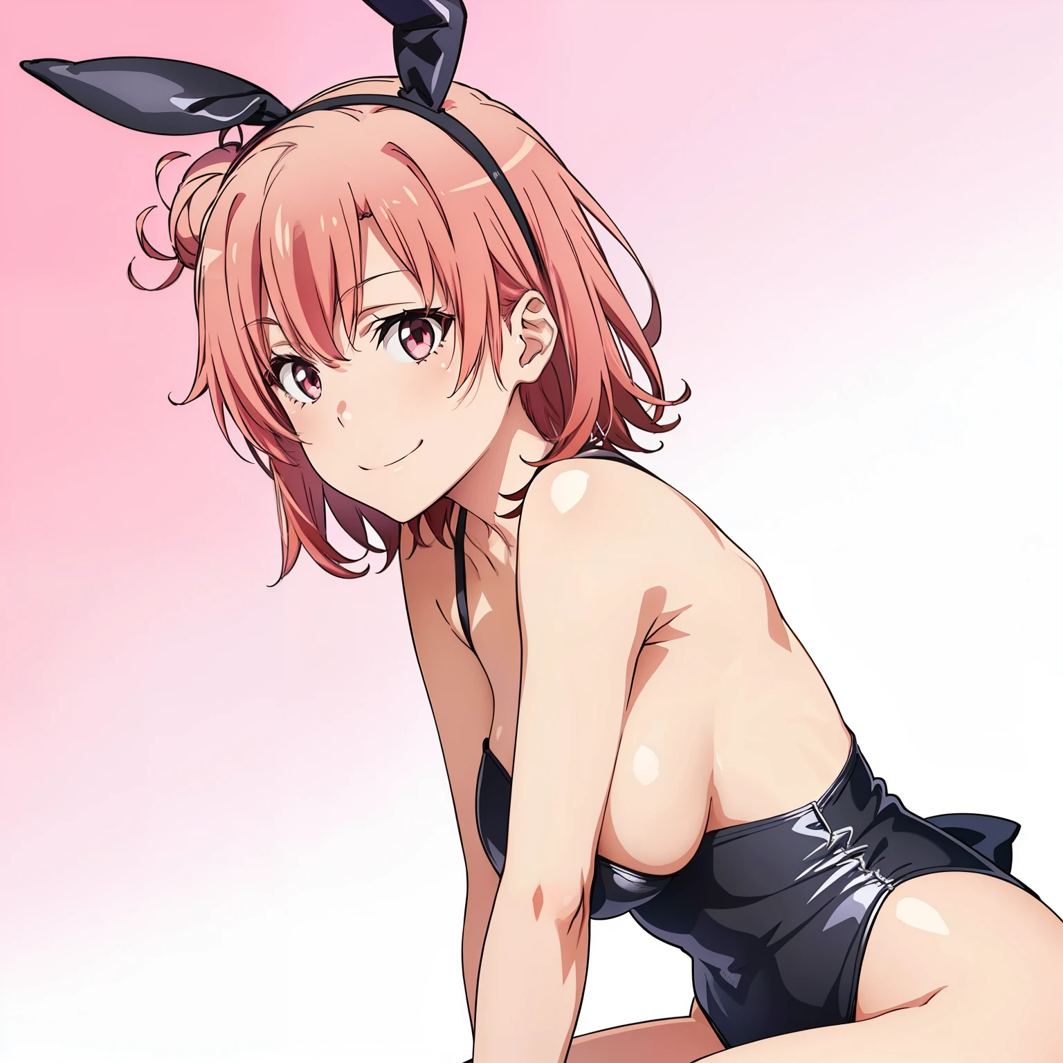 ((masutepiece, Best Quality, hight resolution, nffsw, Perfect Pixel, depth of fields, 4K, )), 1girl in, Solo, , Beautiful anime girl, Beautiful Art Style, close up, Looking at Viewer, Perfect body, side shot, Yuigahama Yui, Short hair, pink hair, pink eyes, hairbun, (large boob), side boob, sitting, black playboy bunny outfit, smile, hands on thighs, blank white background, shot from the waist up