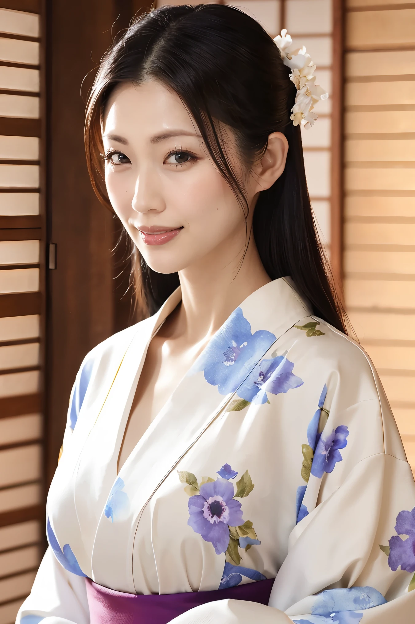 (Highest quality、Tabletop、8k、Best image quality、Award-winning works)、(One beautiful mature woman:1.1)、Adult face、(Innkeeper:1.1)、(Elegant floral kimono:1.2)、(V-neck collar:1.1)、(Cleavageが露わになる:1.2)、(Kimono that shows the chest:1.3)、(Cleavage:1.5)、(Open the chest:1.3)、(Large Breasts:1.4)、(Large Breastsの谷間を露出する:1.5)、Perfect mature woman portrait photo、Glowing Skin、Standing Elegantly、(Blurred elegant and exquisite perfect Japanese style room background:1.3)、(The most natural and perfect tidy Japanese style room background:1.2)、Glowing White Skin、Very white skin、(Accentuate your body lines:1.1)、(The most graceful posture:1.2)、A perfect smile、Perfect beautiful glossy lips、(Accurate anatomy:1.1)、(A perfect and elegant outfit:1.1)、(Standing with good posture:1.1)、(Face close-up:1.1)、(Front facing body:1.2)、White floral kimono