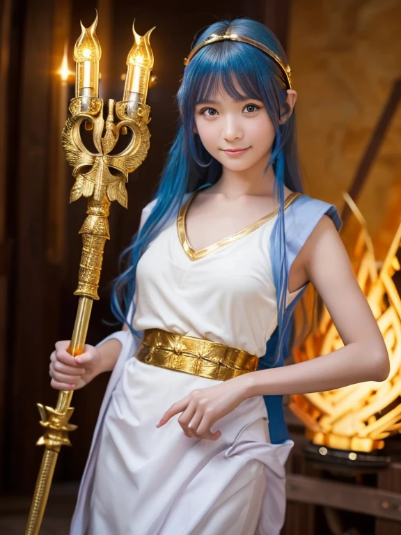 A 16 years old japanese girl,DragonQuest sage,dq3,(White Dress,golden headband,(staff of enlightenment:1.5):1.25),beautiful detailed eyes,beautiful detailed lips,extremely detailed face and eyes,long eyelashes,cutie smile,blue hair,fantasy,medieval,magic,medieval castle,landscape,art,digital painting,cinematic lighting,vibrant colors,dramatic lighting,realistic,photogenic,masterpiece,4k,best quality
