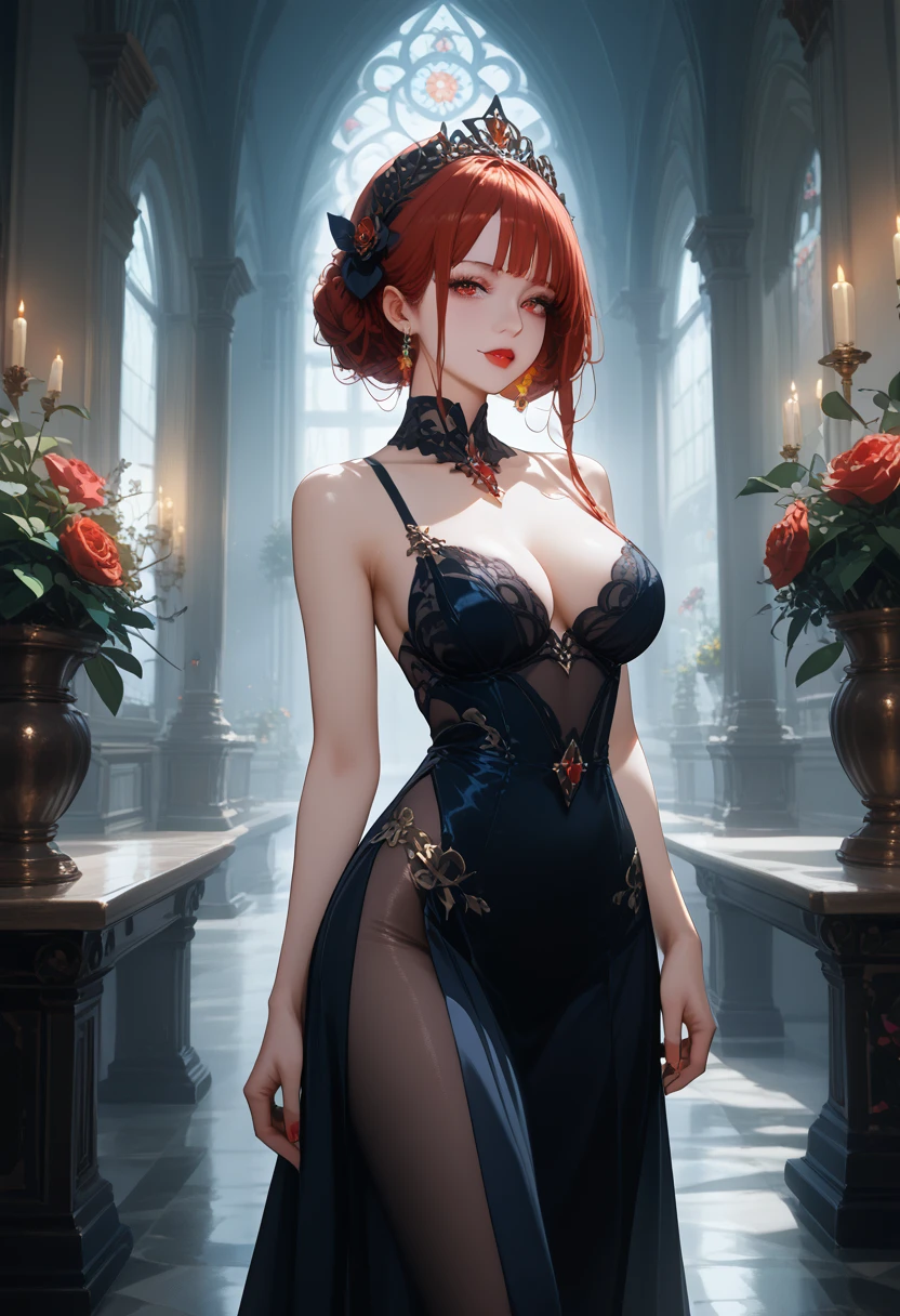 Vampire Girl 1,sexy figure,Nice Curvy,gorgeous,Garden Bright Colors,clear details,dark colors,dark gloomy atmosphere,Moonhaze Garden,fog,masterpiece,ultra detail,amazing background,Black Paints and Colors,Beautifully dressed,red and black clothes,Beautiful views,cinematic film still,score_9,score_8_up,score_7_up,dramatic lighting,highly detailed,high budget,bokeh,cinemascope,moody,epic,gorgeous,film