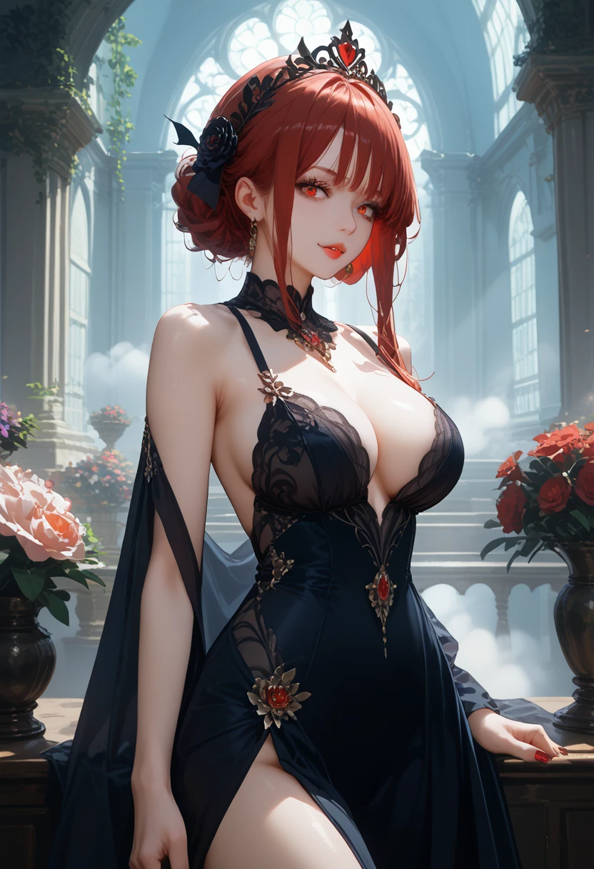 Vampire Girl 1,sexy figure,Nice Curvy,gorgeous,Garden Bright Colors,clear details,dark colors,dark gloomy atmosphere,Moonhaze Garden,fog,masterpiece,ultra detail,amazing background,Black Paints and Colors,Beautifully dressed,red and black clothes,Beautiful views,cinematic film still,score_9,score_8_up,score_7_up,dramatic lighting,highly detailed,high budget,bokeh,cinemascope,moody,epic,gorgeous,film