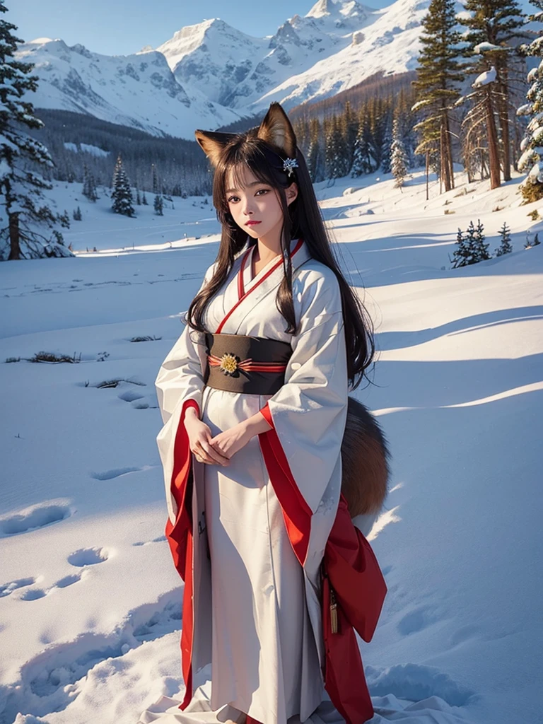 (masterpiece, best quality, 1girl, fox girl, long hair, kimono, standing in snowfield, fox beside, snowy landscape, looking at viewer, detailed face, beautiful eyes)