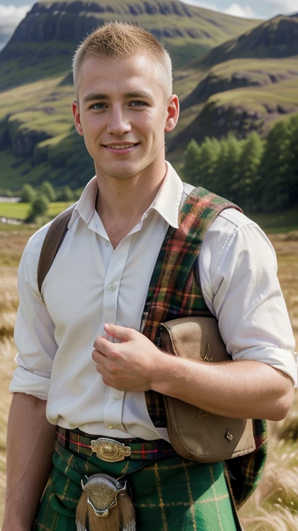 Front view, (looking at viewer:1.3), Scottish man, 24 years-old, (blond hair , blew eye, buzz cut, smile ),A beautiful Scottish man wearing traditional Highland dress, including a tartan kilt and accessories like a sporran and sash, standing in a picturesque Scottish landscape. The scene should highlight the elegance and cultural richness of Scottish heritage, ((super detail, high details, high quality, accurate, anatomically correct, textured skin, beautiful fingers super detail, high details, high quality, best quality))