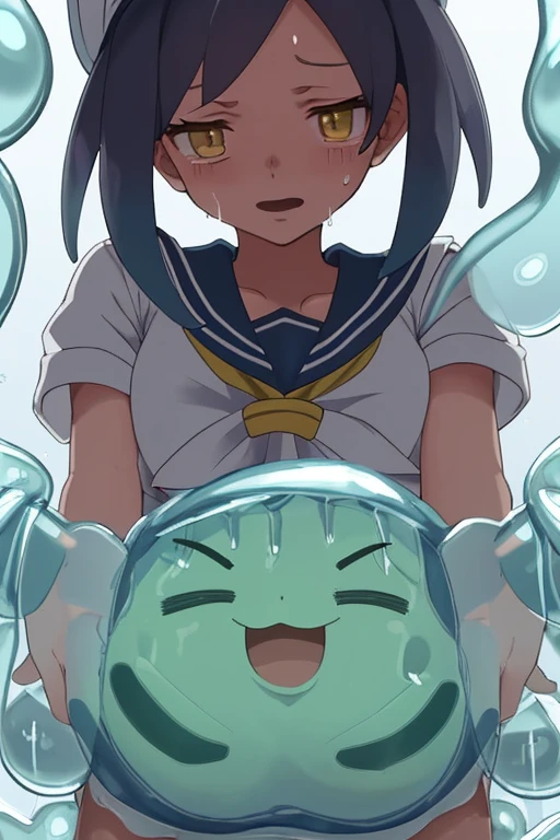 Striped sailor Pokémon trainer covered in translucent slime and sweat