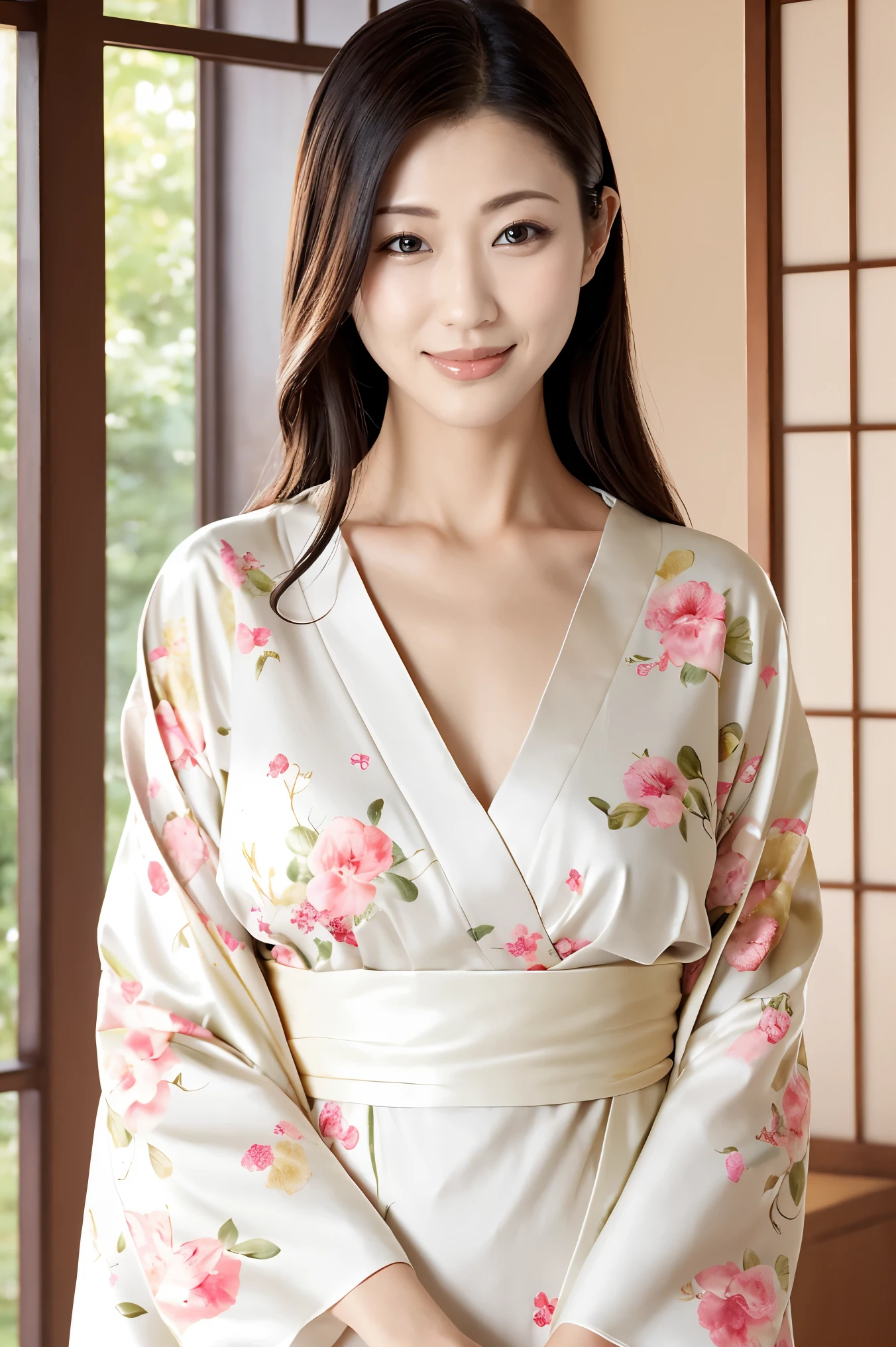 (Highest quality、Tabletop、8k、Best image quality、Award-winning works)、(One beautiful mature woman:1.1)、Adult face、(Innkeeper:1.1)、(Elegant floral kimono:1.2)、(V-neck collar:1.1)、(Cleavageが露わになる:1.2)、(Kimono that shows the chest:1.3)、(Cleavage:1.5)、(Open the chest:1.3)、(Large Breasts:1.4)、(Large Breastsの谷間を露出する:1.5)、Perfect mature woman portrait photo、Glowing Skin、Standing Elegantly、(Blurred elegant and exquisite perfect Japanese style room background:1.3)、(The most natural and perfect tidy Japanese style room background:1.2)、Glowing White Skin、Very white skin、(Accentuate your body lines:1.1)、(The most graceful posture:1.2)、A perfect smile、Perfect beautiful glossy lips、(Accurate anatomy:1.1)、(A perfect and elegant outfit:1.1)、(Standing with good posture:1.1)、(Face close-up:1.1)、(Front facing body:1.2)、White floral kimono