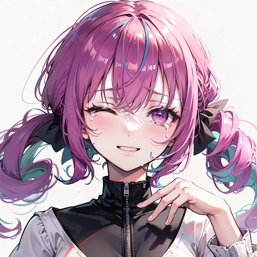 eyes closed,Big smile,There are tears in the corners of the eyes,The background spreads out into the light,Close-up of upper body,tears falling