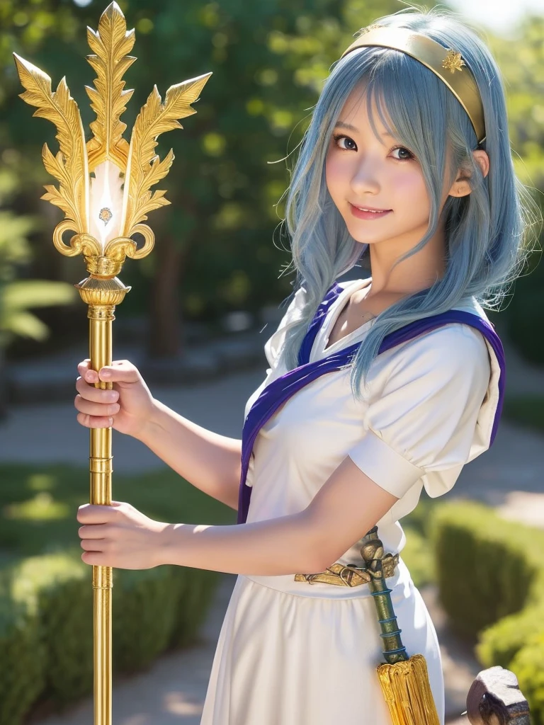 A japanese girl,(DragonQuest sage,dq3,White Dress,golden headband,(staff of enlightenment:1.5):1.25),beautiful detailed eyes,beautiful detailed lips,extremely detailed face and eyes,long eyelashes,cutie smile,blue hair,fantasy,medieval,magic,medieval castle,landscape,art,digital painting,cinematic lighting,vibrant colors,dramatic lighting,realistic,photogenic,masterpiece,4k,best quality