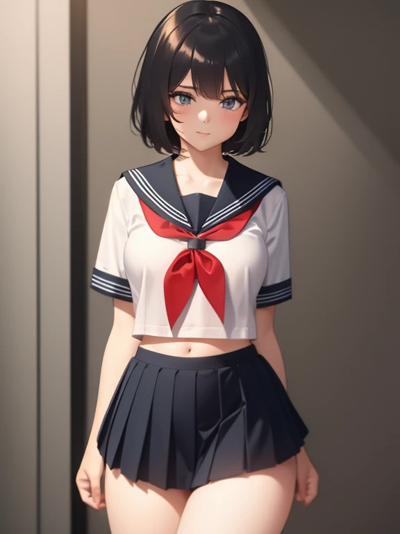 Toned body、Big Breasts、Bare thighs、White panties、（Sailor suit summer uniform、Dark blue micro mini skirt dark blue、White short-sleeved shirt、Dark blue pleated skirt Dark blue、White mesh panties、Dark blue tie dark blue、White Short Socks）、(Black Hair、Very Short Hair、boyishカット)、Women&#39;s High生、boyish、Big Breasts、Women&#39;s High、classroom、独奏