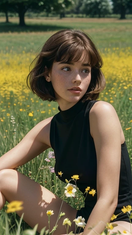 90s TV Serie photo long angle focus on her, shows a woman, freckles face, wavy shag haircut, perfect skin, wearing a bodycon black dress, she is resting next to a tree, in a beautiful afternoon at a long field or multiple flowers, retro VHS filter, 1980 vibes, aesthetic, full body view