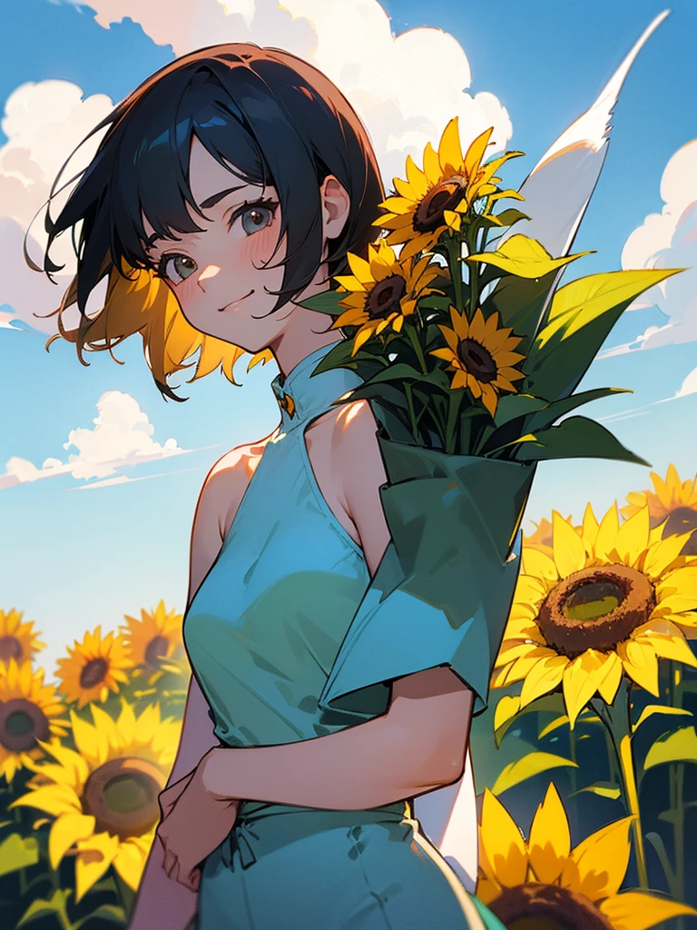 master piece, best quality, for below, cinematic angle, upper body , pigeon toed,
Anime-style Moe illustration, summer vacation theme, 20-year-old 4womans holding a bouquet of sunflowers, short hair,
bikini, slightly inner thighs, smile, accurate drawing, Active pose, Active Angle,