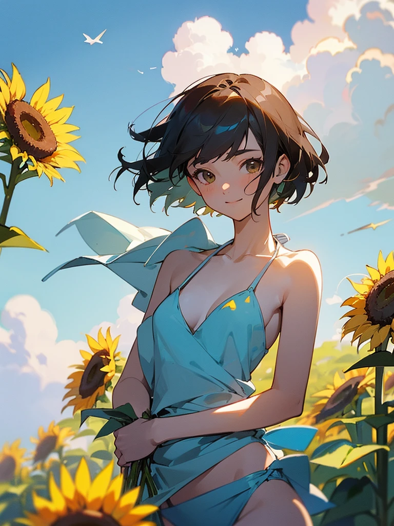 master piece, best quality, for below, cinematic angle, upper body , pigeon toed,
Anime-style Moe illustration, summer vacation theme, 20-year-old 4womans holding a bouquet of sunflowers, short hair,
bikini, slightly inner thighs, smile, accurate drawing, Active pose, Active Angle,