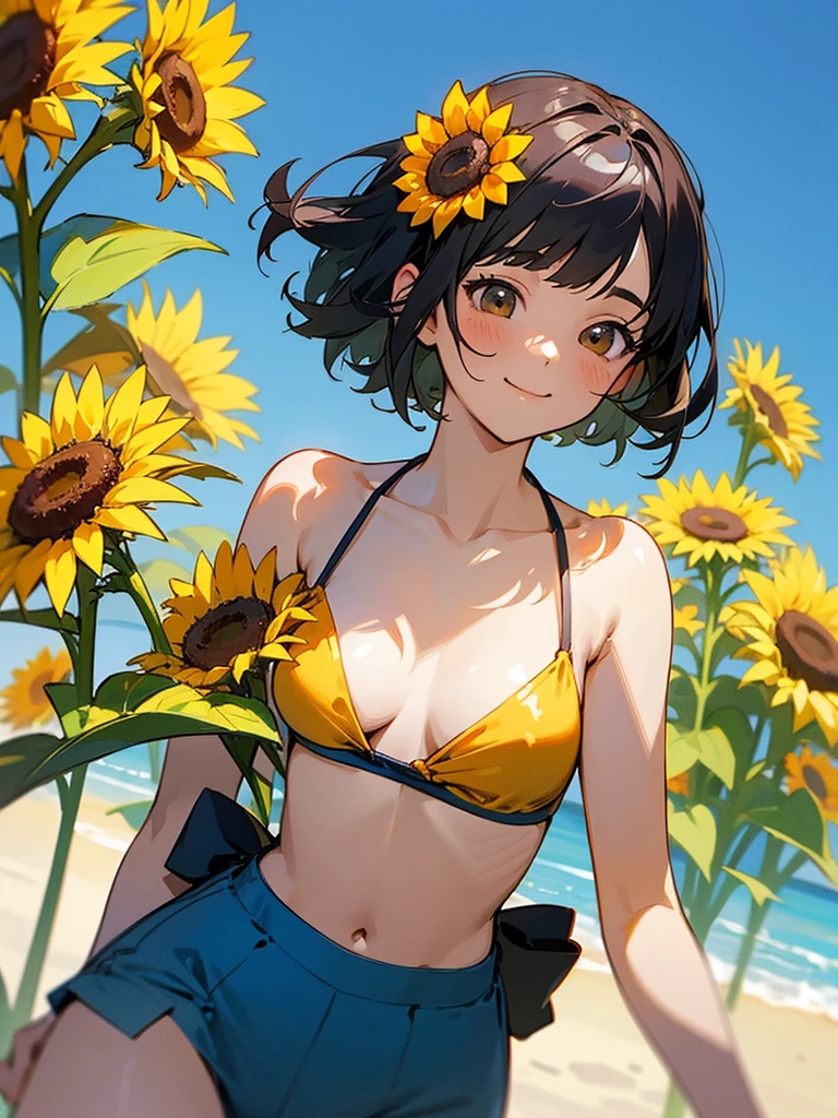 master piece, best quality, for below, cinematic angle, upper body , pigeon toed,
Anime-style Moe illustration, summer vacation theme, 20-year-old 4womans holding a bouquet of sunflowers, short hair,
bikini, slightly inner thighs, smile, accurate drawing, Active pose, Active Angle,
