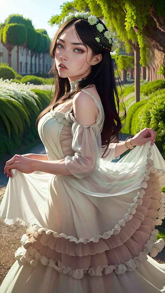 a beautiful woman with emerald green eyes, flowing black hair, wearing a stunning white wedding dress, standing in a lush garden setting, joyful and radiant expression, (best quality,4k,8k,highres,masterpiece:1.2),ultra-detailed,(realistic,photorealistic,photo-realistic:1.37),intricate details,elegant,soft lighting,warm tones,romantic,picturesque landscape,cinematic composition