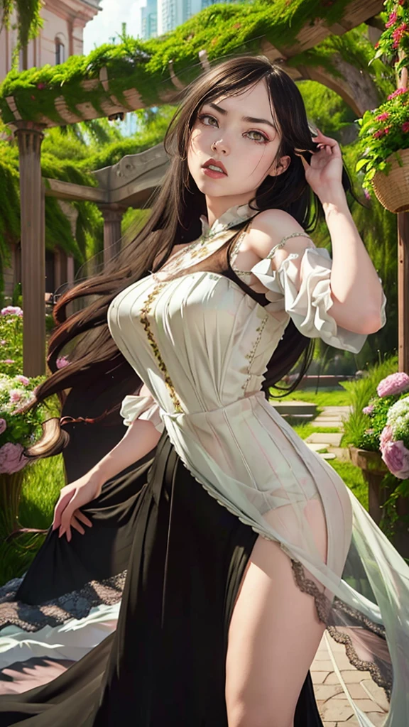 a beautiful woman with emerald green eyes, flowing black hair, wearing a stunning white wedding dress, standing in a lush garden setting, joyful and radiant expression, (best quality,4k,8k,highres,masterpiece:1.2),ultra-detailed,(realistic,photorealistic,photo-realistic:1.37),intricate details,elegant,soft lighting,warm tones,romantic,picturesque landscape,cinematic composition