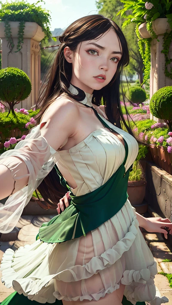 a beautiful woman with emerald green eyes, flowing black hair, wearing a stunning white wedding dress, standing in a lush garden setting, joyful and radiant expression, (best quality,4k,8k,highres,masterpiece:1.2),ultra-detailed,(realistic,photorealistic,photo-realistic:1.37),intricate details,elegant,soft lighting,warm tones,romantic,picturesque landscape,cinematic composition