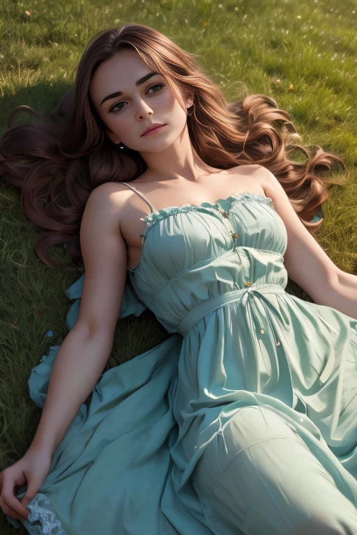 a beautiful delicate young girl,ta fashion dress laying on the grass with a book,  high resolution film still, lying on the grass, loliying on field, sunday afternoon, still from l'estate, film promotional still, lying scattered across an empty, film still promotional image, kiera knightly in repose, lying down, film still from the movie