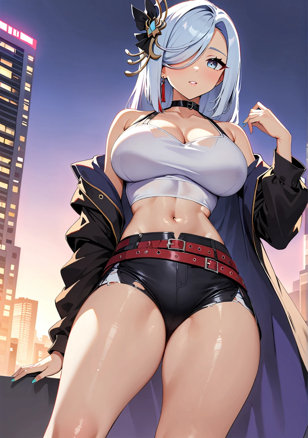 (highest quality:1.2, Very detailed, up to date, Vibrant, digital coloring, High Contrast, masterpiece:1.2, Best Quality, Best aesthetics), 1 gilr, solo, shenhe_\(genshin_impact\), long_hair, large breasts, hair_over_one_eye, hair_ornament, bangs, alternate costume, lipstick, Sexy crop top, long sleeve, off shoulder, white top, high-heel ankle boots, ripped shorts, black shorts, belt with chain, shiny red belt, white pantyhose, choker, bewitching thighs, see-through navel, armpits, gleaming, skin-tight, shiny skin, chest outline, A city with no one, End of the World, Ruined City, Dark color palette.