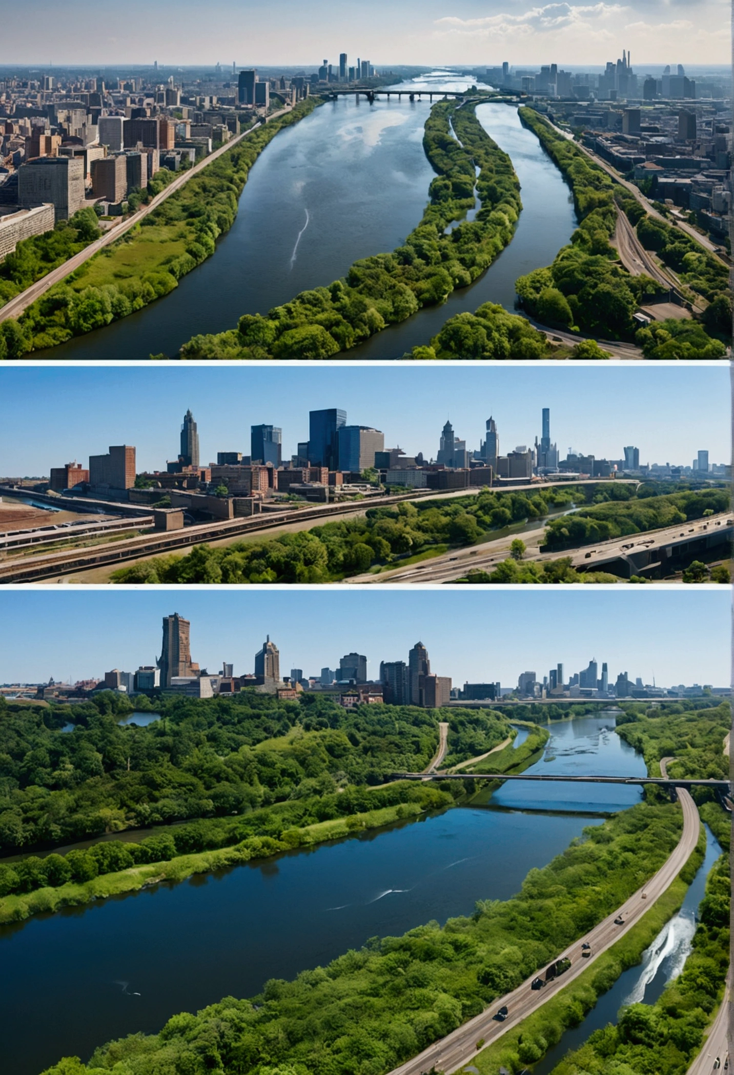 A juxtaposition of a bustling city before and after human absence. On one side, pollution, traffic, and industrial smoke dominate the scene. On the other side, clear skies, clean water, and flourishing greenery take over. Wildlife roams freely in the transformed landscape, and rivers run clear, reflecting the natural beauty. The image highlights the dramatic environmental recovery in the absence of human activity."
