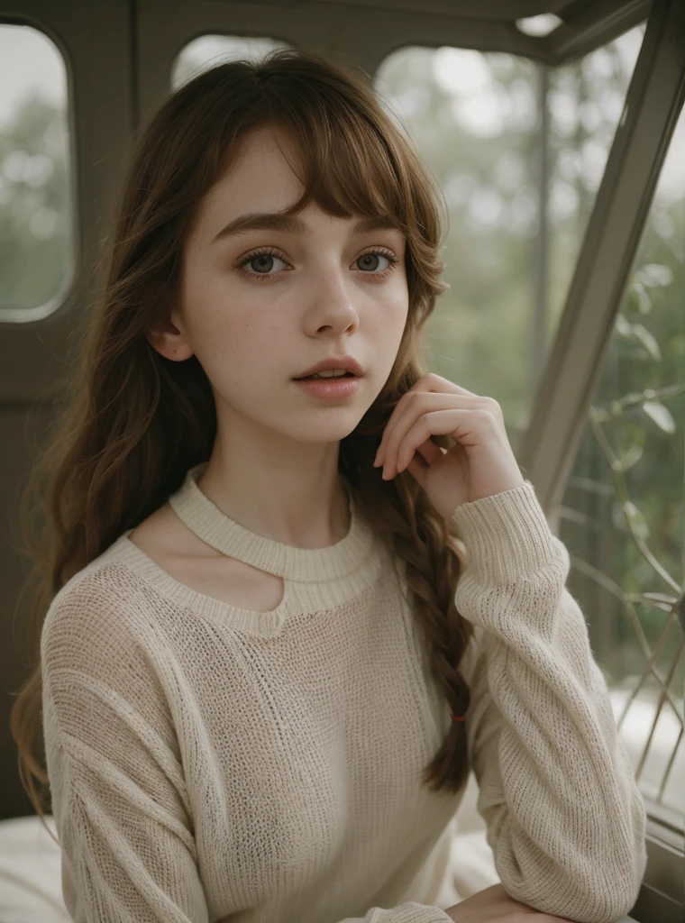 Sophia Lillis,beautiful, elegant, Mouth wide open, Portraiture , Long braids,whole body 、Sheer, soft sweater、beautifulビーチ、Relaxed atmosphere、mysterious、Soft natural light、Old film photography、Intimate atmosphere、Rich and deep colours、Color photography、summer、holiday、private photos、School Memories、Photo taken by lover