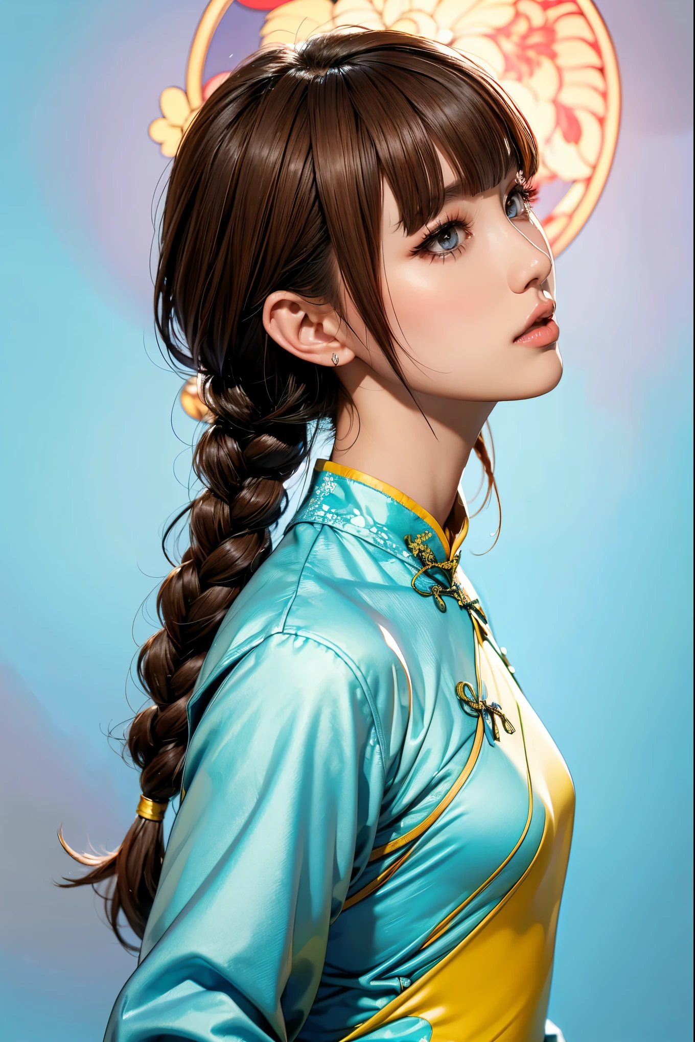 Realistic, masterpiece, Highest quality, Highest Resolution, Anatomically correct, Accurate Anatomy, 7 heads, Height: 165cm, One Japanese woman, A sharp expression with some teeth showing, Profile staring into the distance, Fine and beautiful eyes, Sparkling eyes, Thin eyebrows, Gives lashes a delicate finish, False eyelashes, (Chinese traditional makeup:1.2), (Braided hair, Blunt bangs, Brown Hair:1.2), Detailed face, Sharp Eyes, (Classic light blue and yellow cheongsam, Fitted clothing:1.3), Bust up photo, Blank background in warm colors
